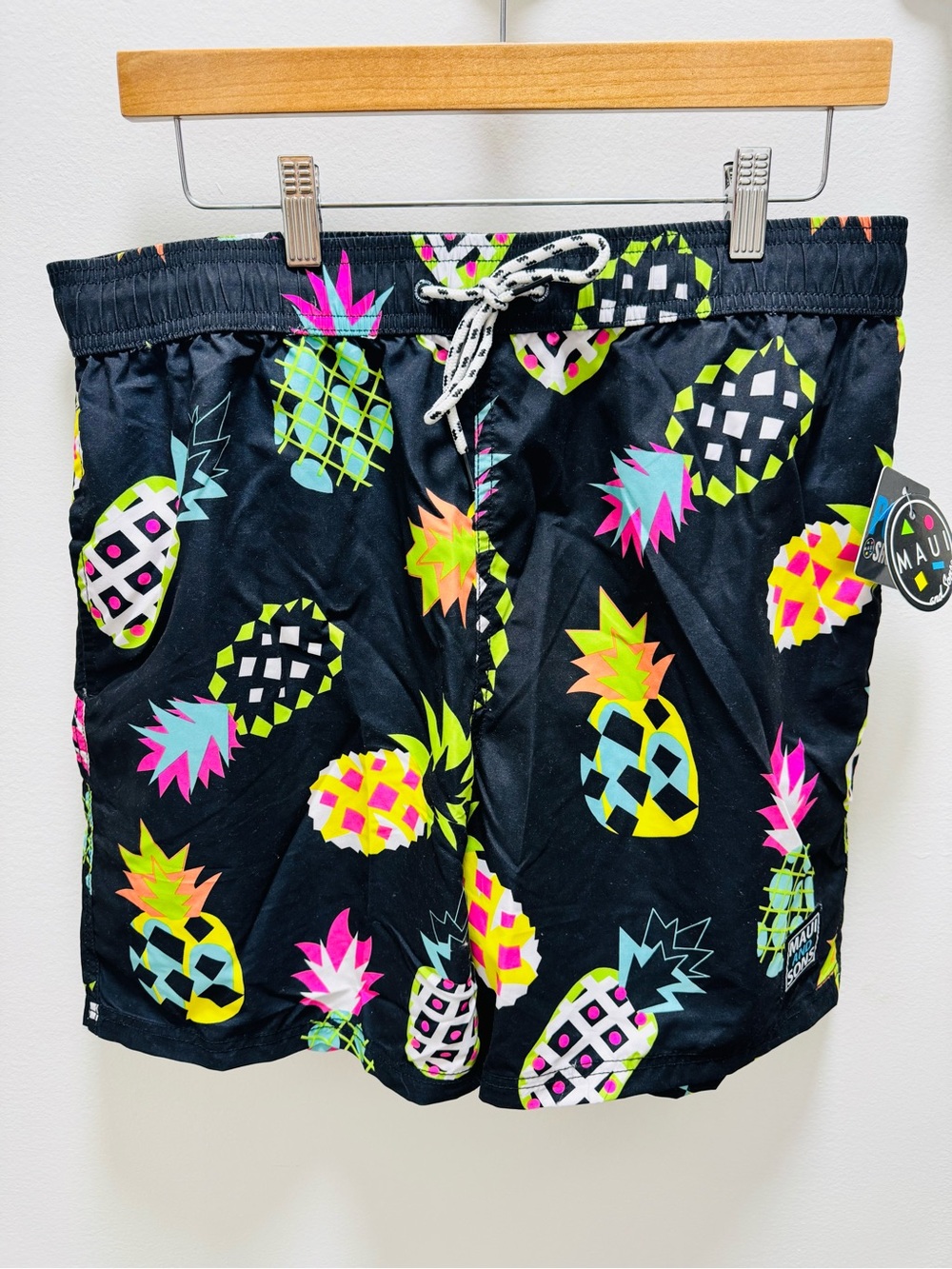 Maui and Sons Black Swim Shorts with Neon Tropical Accent